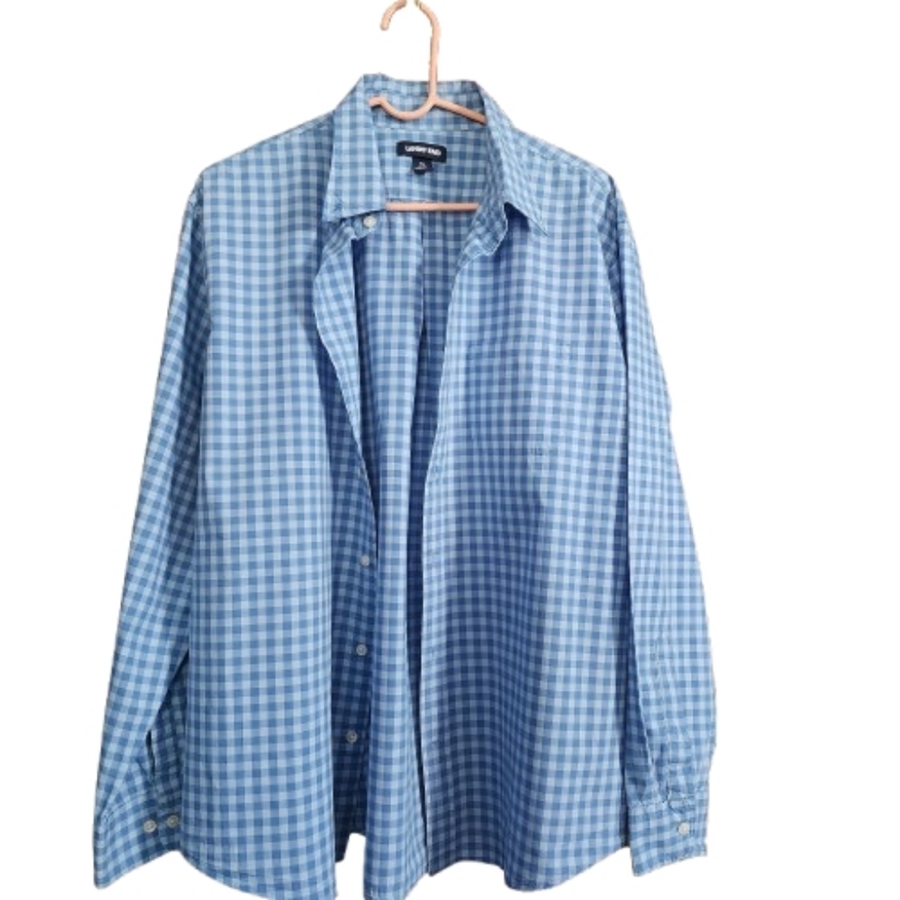 Mens XL Lands' End Blue Checkered Gingham Button Down Long Sleeve Cotton Shirt